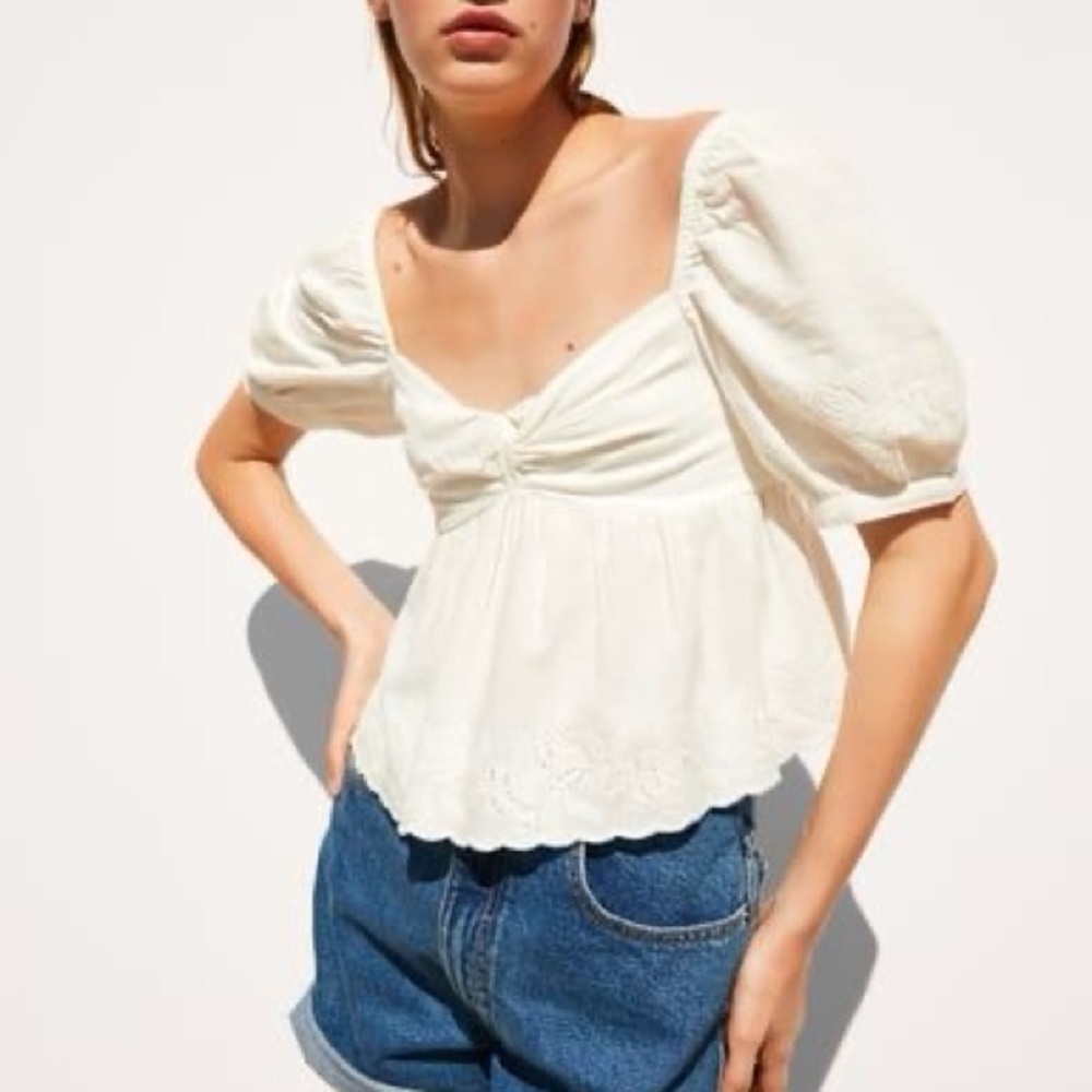 ZARA Embroidered Puff Sleeve Top Small